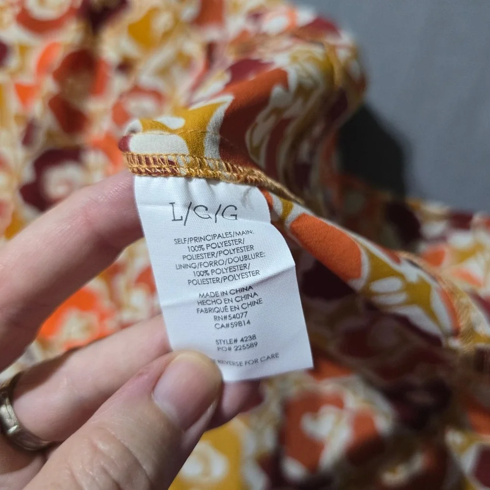 Cabi Button Front Dress Women L Orange Floral Ruffle Hem Balloon Sleeve 4238